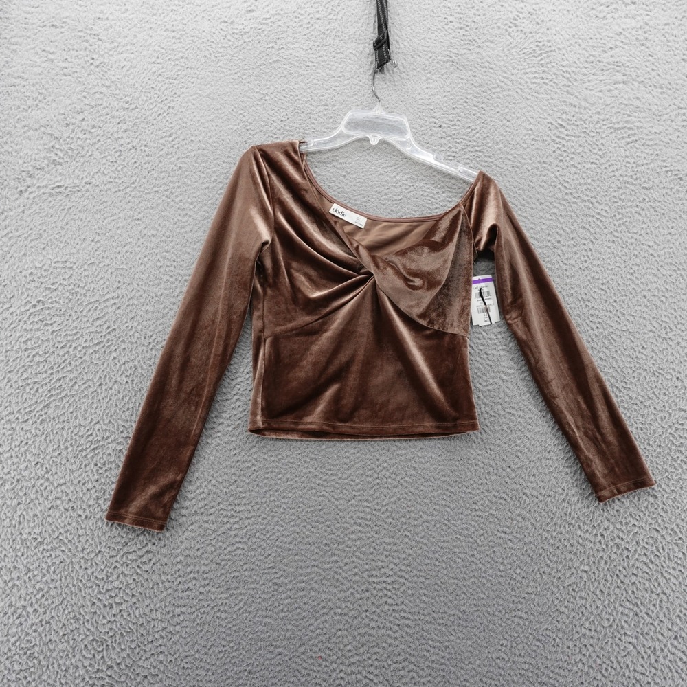 Elodie Brown Velvet Twist Front Long Sleeve Off Shoulder Top Women Small NEW